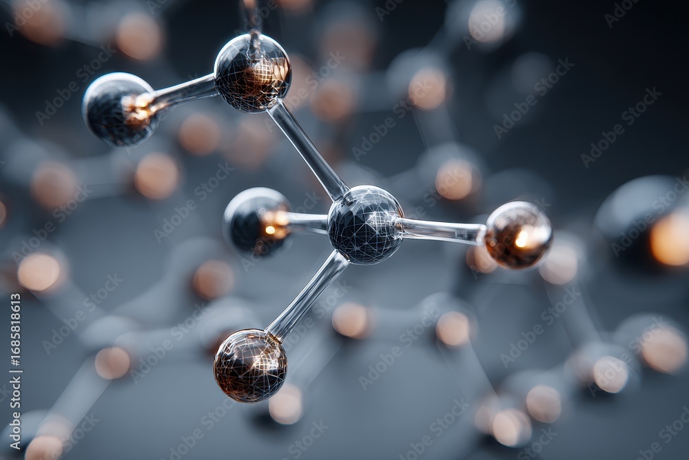 Poster closeup view of a detailed metallic molecular structure highlighting interconnected atoms in a futur
