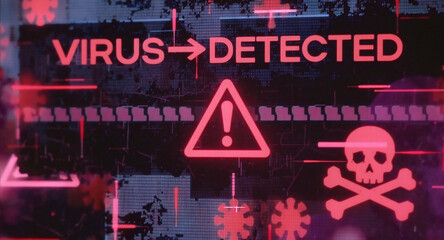 A virus alert warning displayed on a digital screen with red danger symbols and glitch effects, in a futuristic environment	