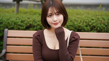 公園のベンチに座って優しく微笑むボブヘアの20代女性