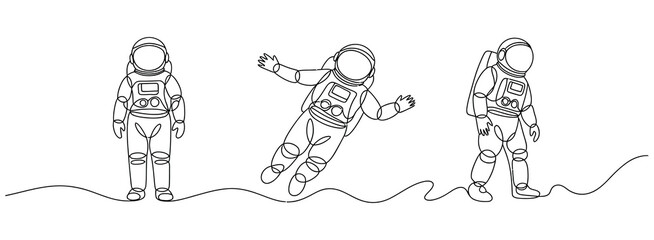 Continuous One-Line Drawing Set of Astronauts Walking on the Moon