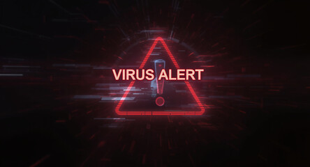 A virus alert warning displayed on a digital screen with red danger symbols and glitch effects, in a futuristic environment	