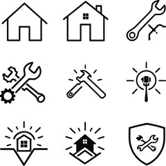Fototapeta premium Nine black and white icons depicting houses and wrenches in a vector graphic illustration style