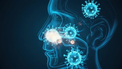 Digital illustration of a human head with virus particles, highlighting respiratory infection - Powered by Adobe
