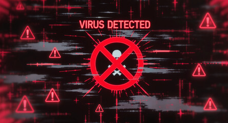 A virus alert warning displayed on a digital screen with red danger symbols and glitch effects, in a futuristic environment	