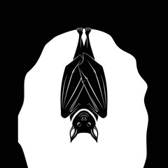 Vector art of bat hanging upside down in a cave, perfect for halloween designs and spooky illustrations © AnilChandra