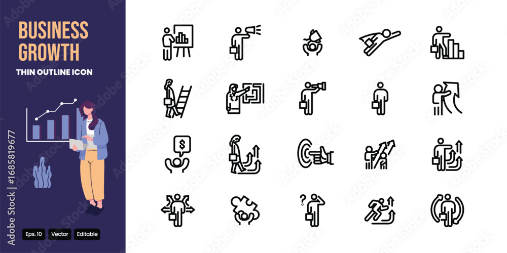 Poster business growth thin outline icon set vector design good for web and mobile app