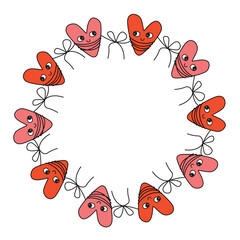 Valentine frame made of hearts tied together with threads. Funny hearts in groovy style and bow. Red, pink and black colors on white background. Vector design for Valentine's Day. Flat illustration.