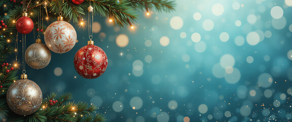 Festive Christmas ornaments hanging on a decorated pine tree with shiny, colorful balls and twinkling lights creating a joyful holiday atmosphere in winter