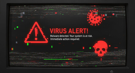 A virus alert warning displayed on a digital screen with red danger symbols and glitch effects, in a futuristic environment	