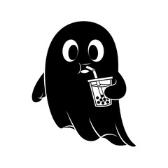 Vector art of cute ghost drinking bubble tea, halloween character, spooky spirit, funny cartoon, vector illustration