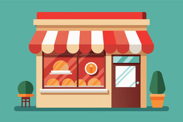 Bakery storefront with dessert display in a colorful urban setting during daylight hours