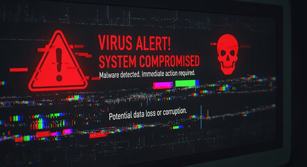 A virus alert warning displayed on a digital screen with red danger symbols and glitch effects, in a futuristic environment	