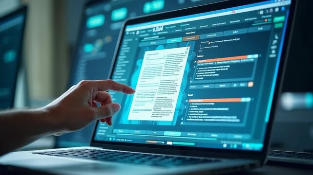 Document management concept, check electronic documents on digital documents on virtual screen Document Management System and process automation to efficiently document paperless processes.