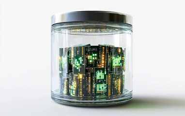 Ultra realistic concept of microchips suspended within a glowing glass orb isolated on white background PNG