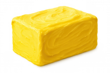 Smooth, golden butter block revealing rich, creamy texture against transparent backdrop, showcasing pristine dairy product