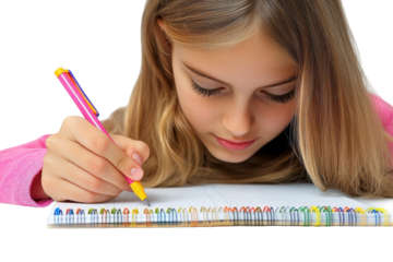 Student wearing glasses studies, writes in notebook with pencil at desk in daylight indoors