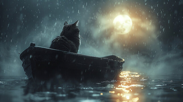 felinos, negro, cuca, silueta, luna, animal, mascota, noche, ilustraci&oacute;n, gatita