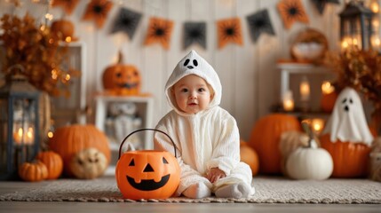 a baby in a halloween costume sitting on the floor
