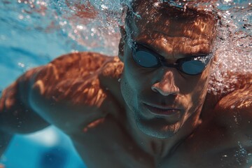 Fototapeta premium Muscular man swimming underwater in crystal clear pool water while wearing swim goggles and demonstrating powerful strokes