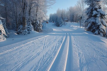 Obraz premium Beautiful groomed ski trails invite cross country skiing enthusiasts to explore serene winter landscape in the early morning light surrounded by frosted trees and soft snow