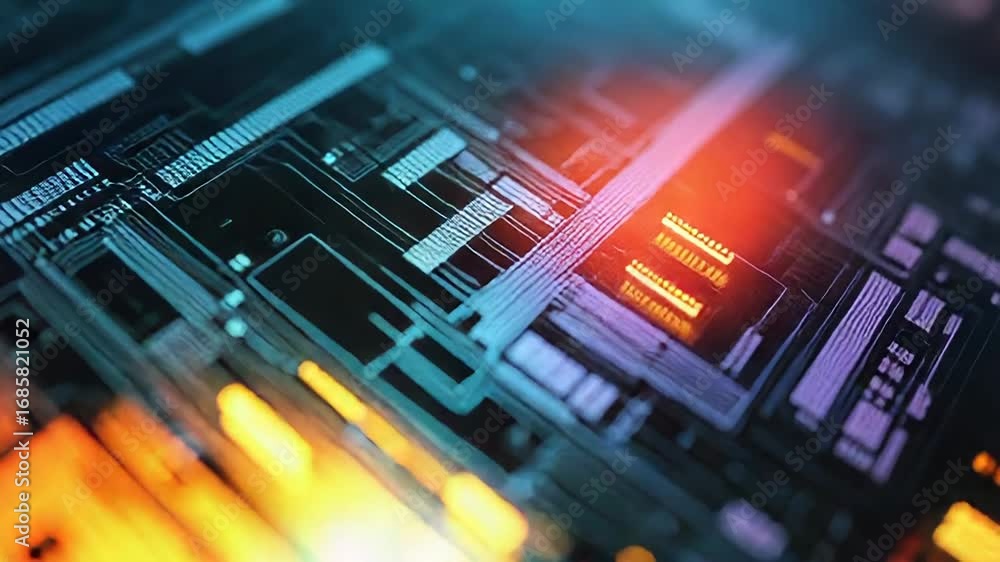 Poster futuristic circuit board pulsating with colorful lights