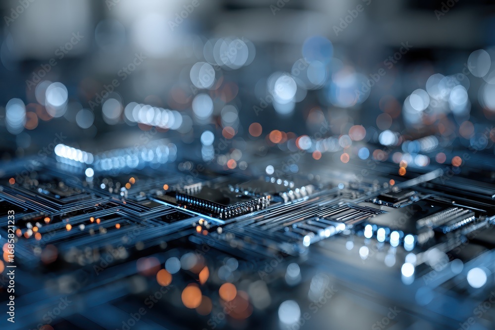 Poster intricate abstract tech background features printed circuit designs with bright details and glowing 
