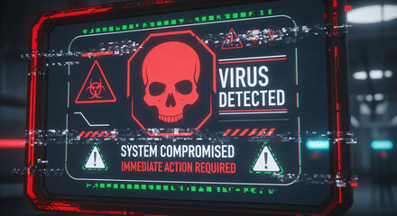A virus alert warning displayed on a digital screen with red danger symbols and glitch effects, in a futuristic environment	