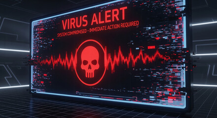A virus alert warning displayed on a digital screen with red danger symbols and glitch effects, in a futuristic environment	