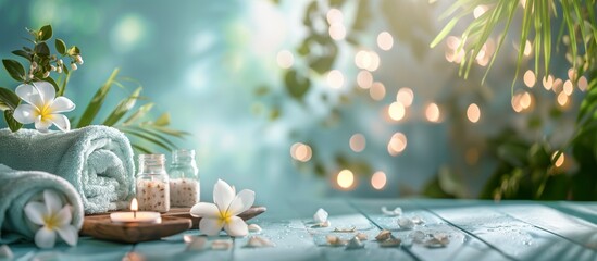 Fototapeta premium Tranquil spa setting features rolled towels, plumeria flowers, candle, and aromatherapy salts for relaxation