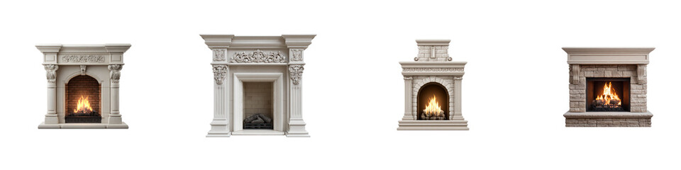 Naklejka premium Set of Decorative fireplace with burning fire isolated on transparent background