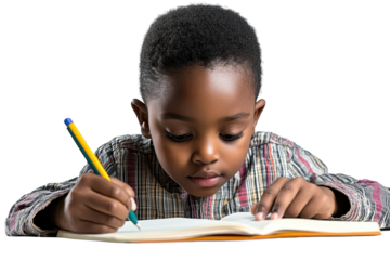 Student wearing glasses studies, writes in notebook with pencil at desk in daylight indoors