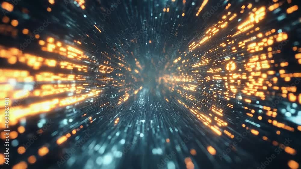 Poster data stream flowing in cyberspace tunnel with numbers