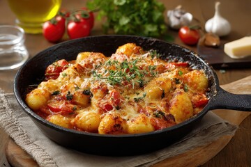 Delicious gnocchi in rich tomato sauce topped with melted cheese served in a skillet with fresh herbs and ingredients