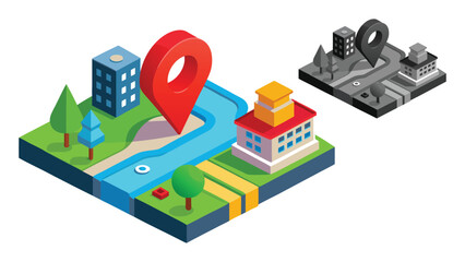 Isometric Cityscape with Navigation Pins and River vector illustration