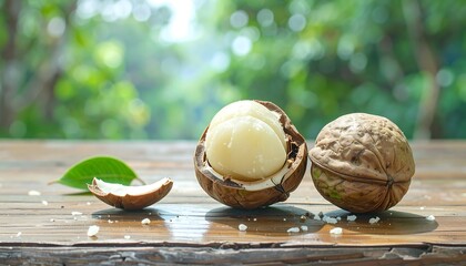 Two macadamia nuts on wooden table