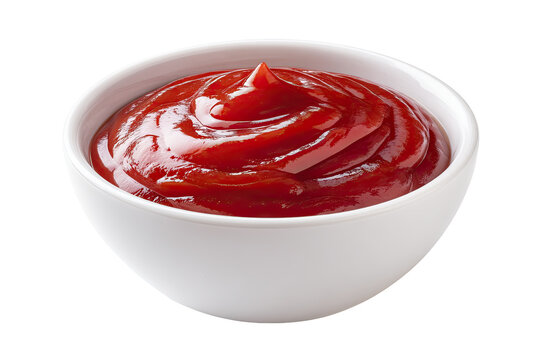A white bowl brimming with glossy, red ketchup