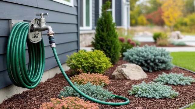 Frostproof hose bib installed near a landscape garden blending functionality with home exterior aesthetics for efficient winter water accessibility.