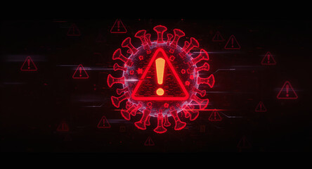 A virus alert warning displayed on a digital screen with red danger symbols and glitch effects, in a futuristic environment	