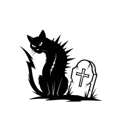 Vector art of silhouette of a black cat with spikes standing next to a tombstone for halloween vector illustration