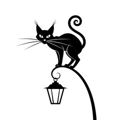 Vector art of silhouette of a black cat standing on a vintage street lamp for halloween vector illustration
