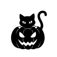 Vector art of a black cat sits inside a carved pumpkin, , perfect for halloween themed designs and decorations