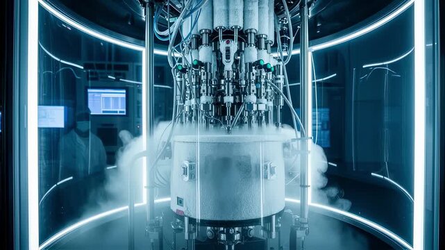 Ambient environment chamber housing a cryogenic valve endurance test rig replicating the extreme thermal conditions of outer space.