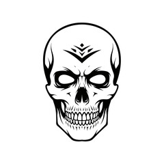 Vector art of skull with tribal mark, a symbol of death, danger, and the occult in a minimalist line art style