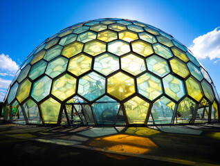Geometric Dome Structure with Yellow and Blue Panels