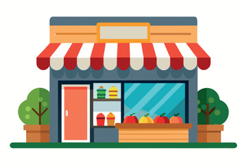 Obraz premium Charming neighborhood grocery store with colorful produce and inviting entrance