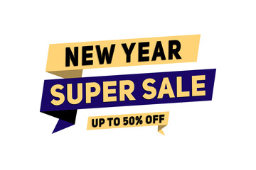 New year super sale up to 50 percent off promotional banner isolated on transparent background