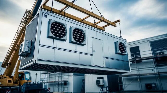 Industrial crane lifting a sleek airconditioned modular data center block equipped with cooling vents during a phased expansion project.