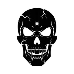 Vector art of skull with spider, a symbol of death and decay, with cracks and sharp teeth, creating a spooky design