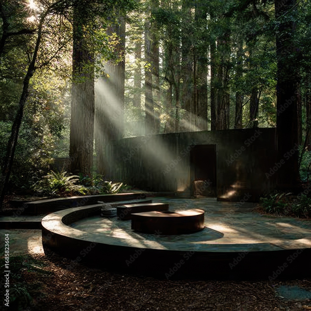 Poster sunlight streams through redwood forest illuminating a minimalist concrete structure with circular s