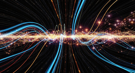 Abstract AI Wavy digital technology lines with bright lights and dark void background landscape.